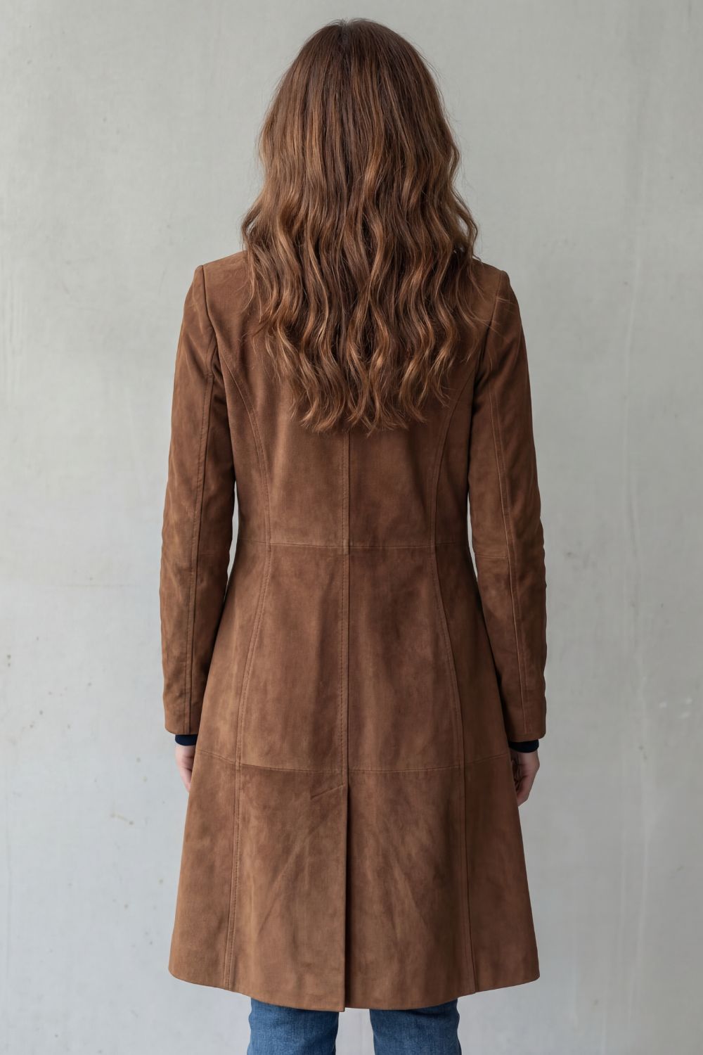 Women's Long Suede Finish Coat with Button Front and Notch Lapels