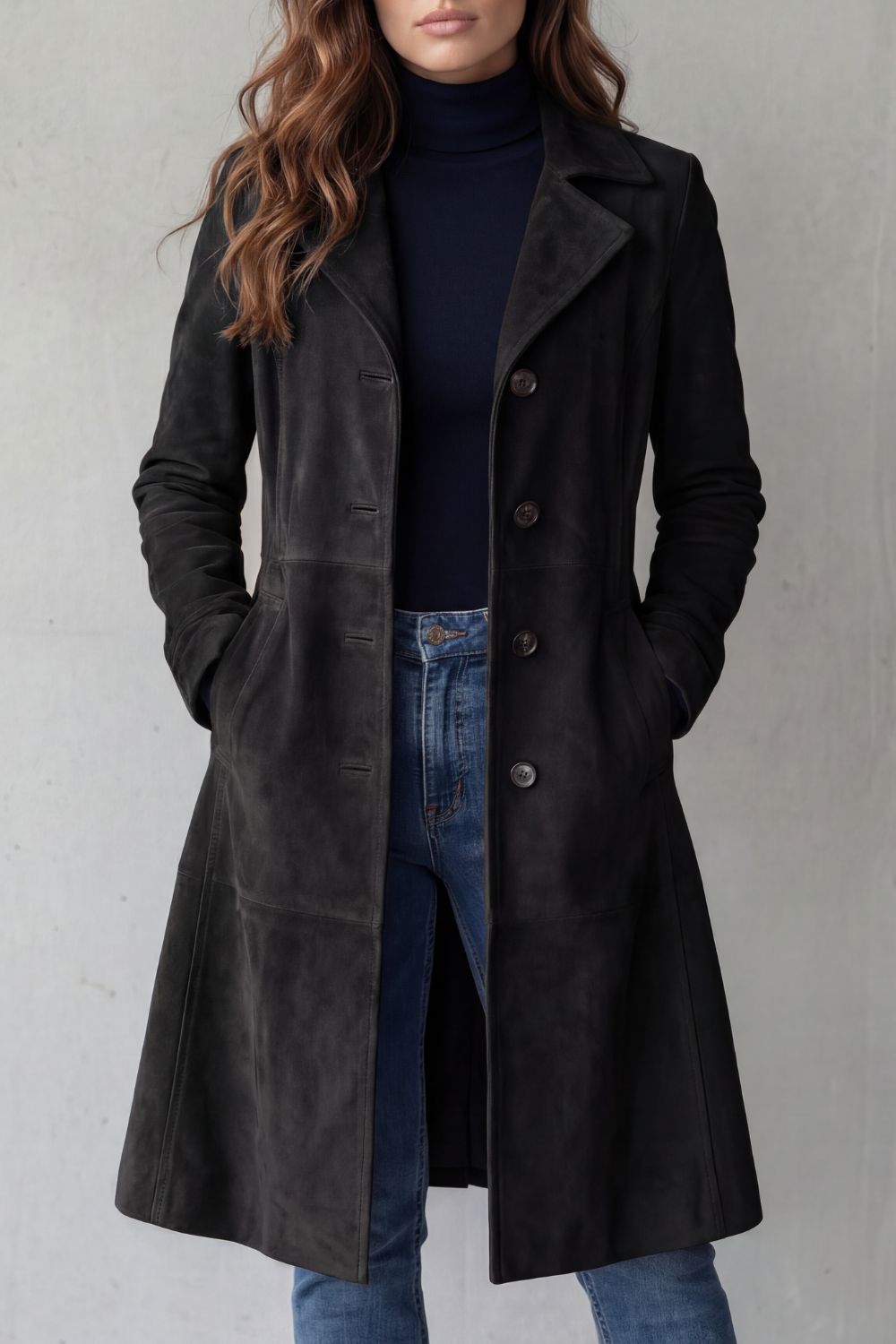 Women's Long Suede Finish Coat with Button Front and Notch Lapels