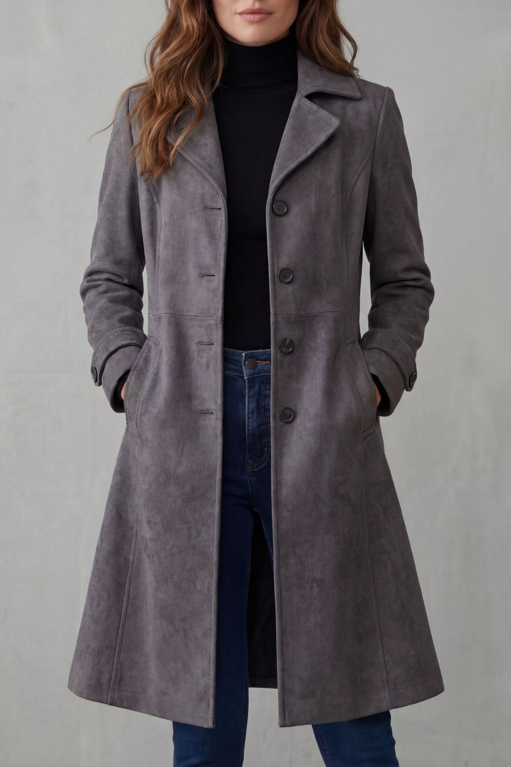 Women's Long Suede Finish Coat with Button Front and Notch Lapels