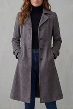 Women's Long Suede Finish Coat with Button Front and Notch Lapels