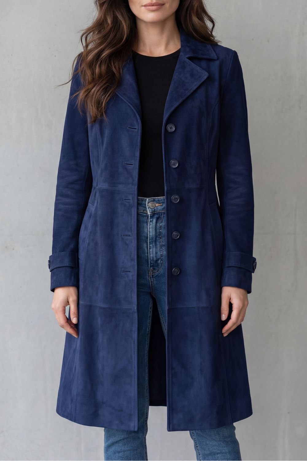 Women's Long Suede Finish Coat with Button Front and Notch Lapels