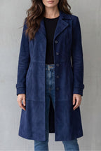 Women's Long Suede Finish Coat with Button Front and Notch Lapels