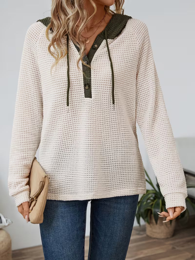 Women's Waffle Knit Hooded Top with Button Placket - Beige