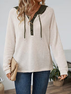 Women's Waffle Knit Hooded Top with Button Placket - Beige