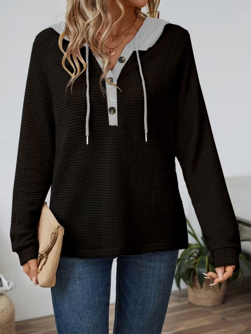 Women's Waffle Knit Hooded Top with Button Placket - Black