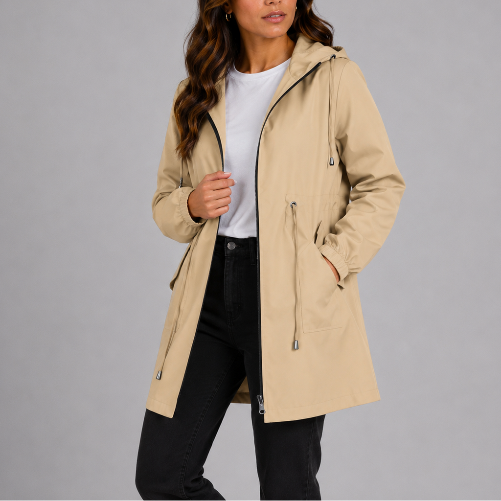 Women's lightweight waterproof hooded rain coat with drawstring waist