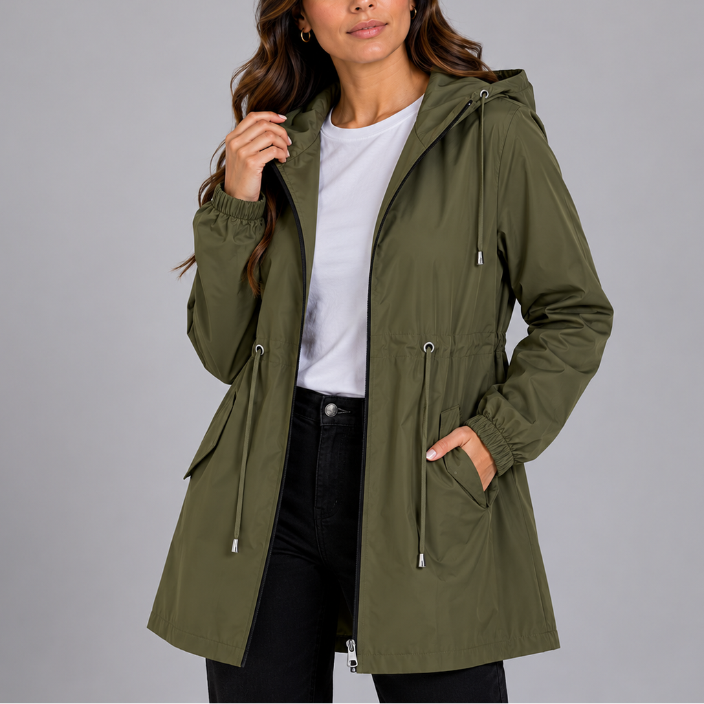 Women's lightweight waterproof hooded rain coat with drawstring waist