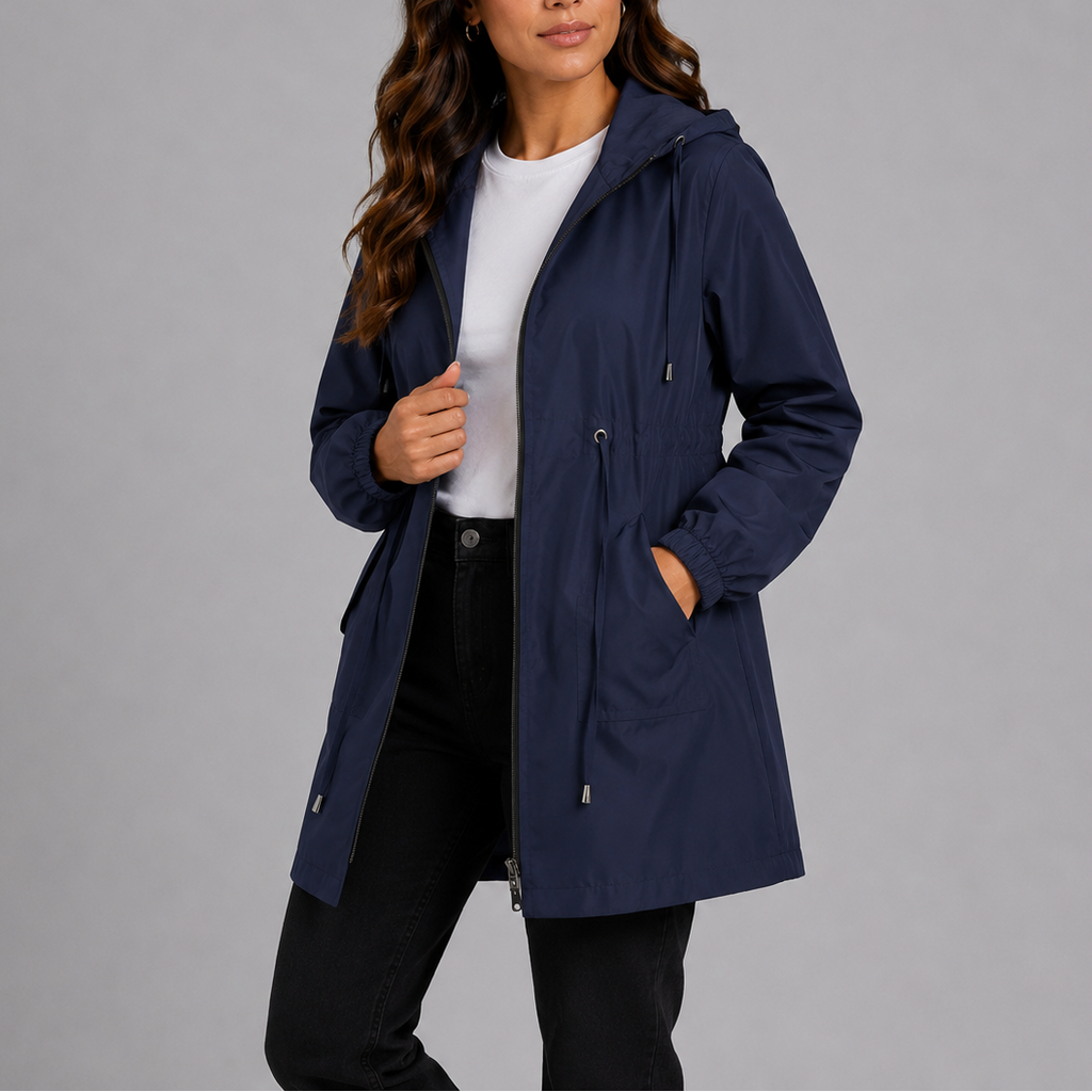 Women's lightweight waterproof hooded rain coat with drawstring waist
