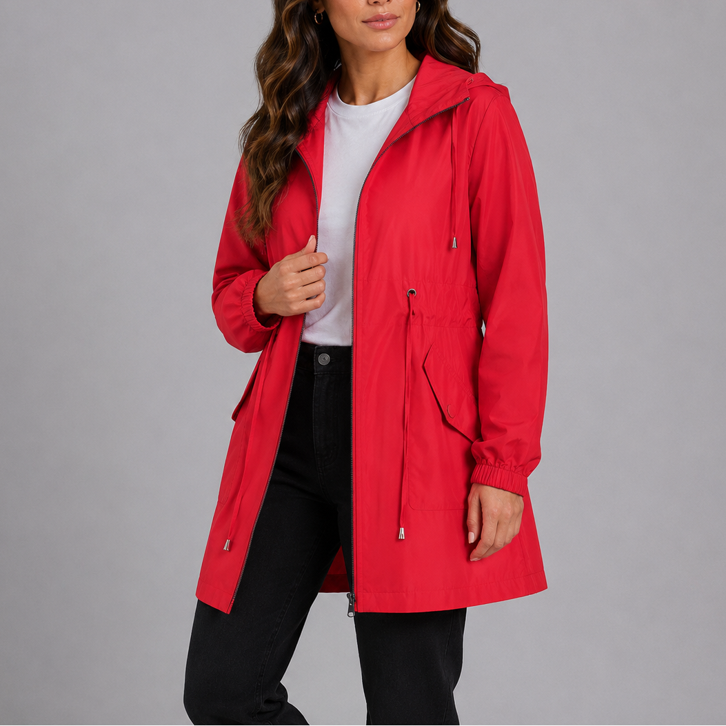 Women's lightweight waterproof hooded rain coat with drawstring waist