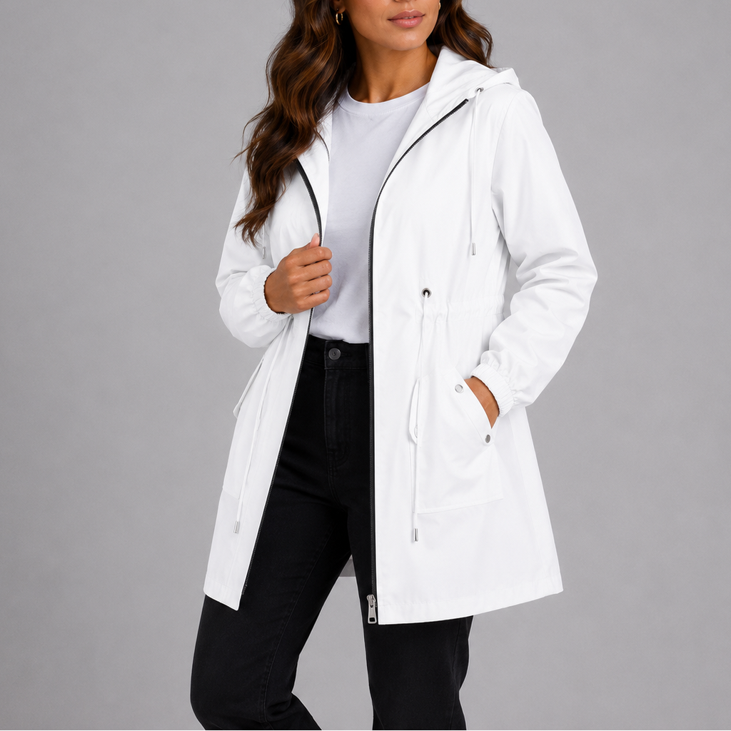 Women's lightweight waterproof hooded rain coat with drawstring waist