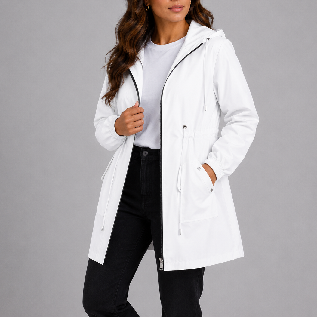 Women's lightweight waterproof hooded rain coat with drawstring waist