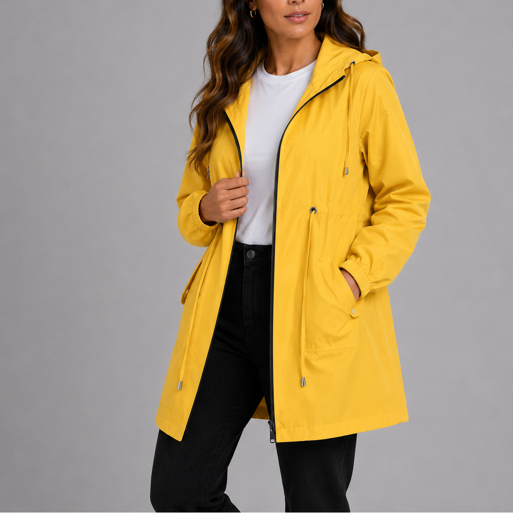 Women's lightweight waterproof hooded rain coat with drawstring waist