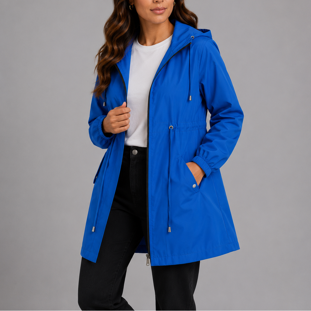 Women's lightweight waterproof hooded rain coat with drawstring waist