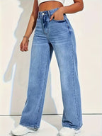 Mid blue high rise wide leg jeans front