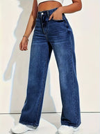 Navy high rise wide leg jeans detail