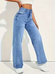 Mid blue high rise wide leg jeans side