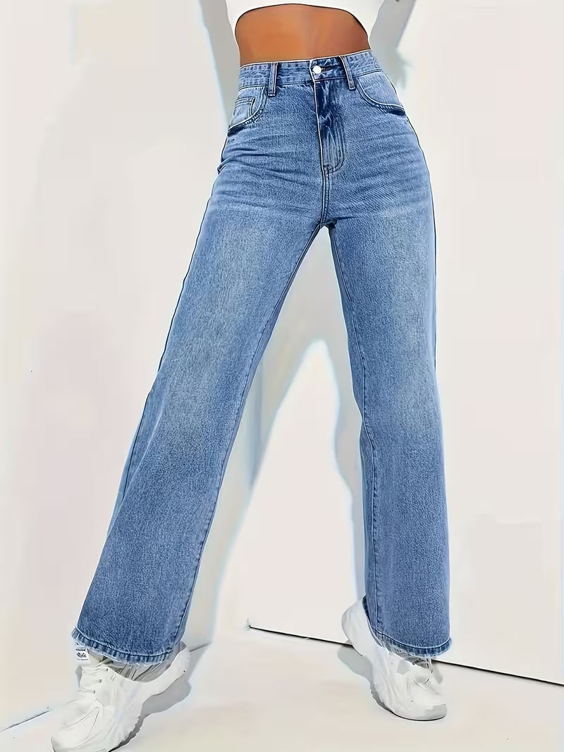 Mid blue high rise wide leg jeans detail