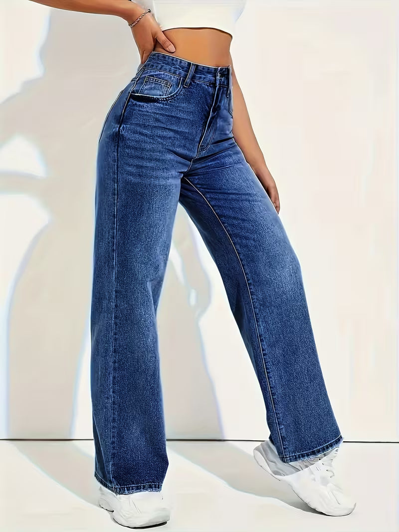 Navy high rise wide leg jeans styled with crop top