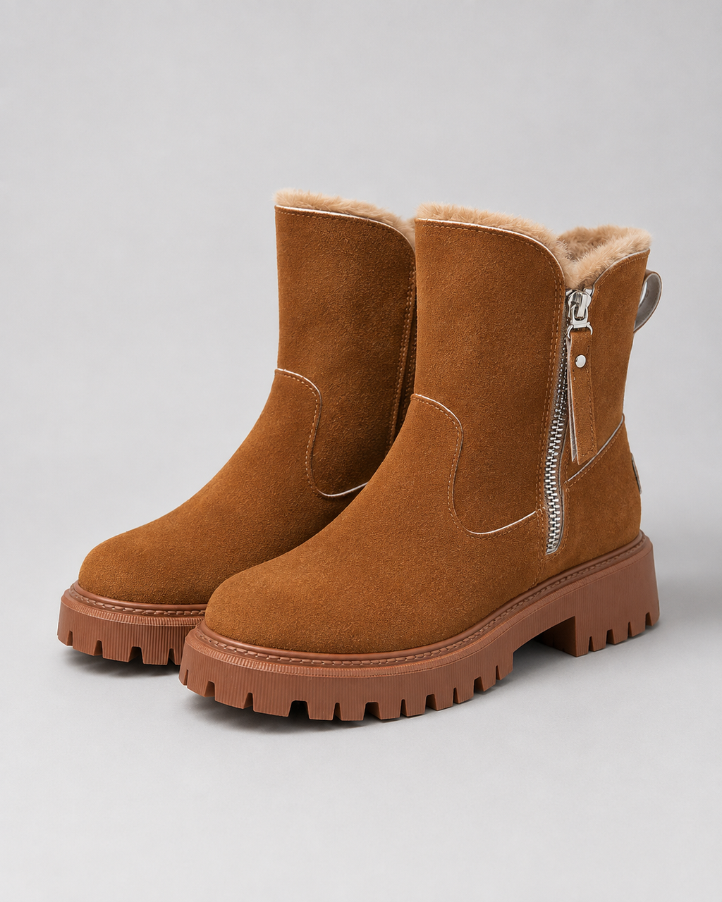 Women's Faux Fur Lined Ankle Boots with Side Zip and Lug Sole
