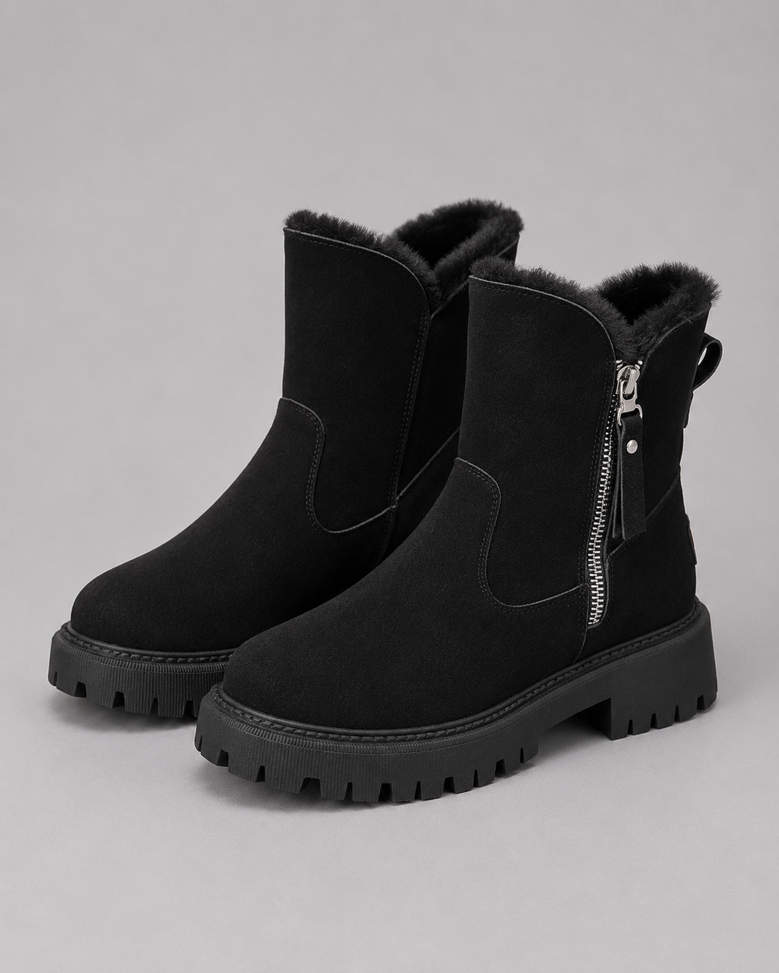 Women's Faux Fur Lined Ankle Boots with Side Zip and Lug Sole