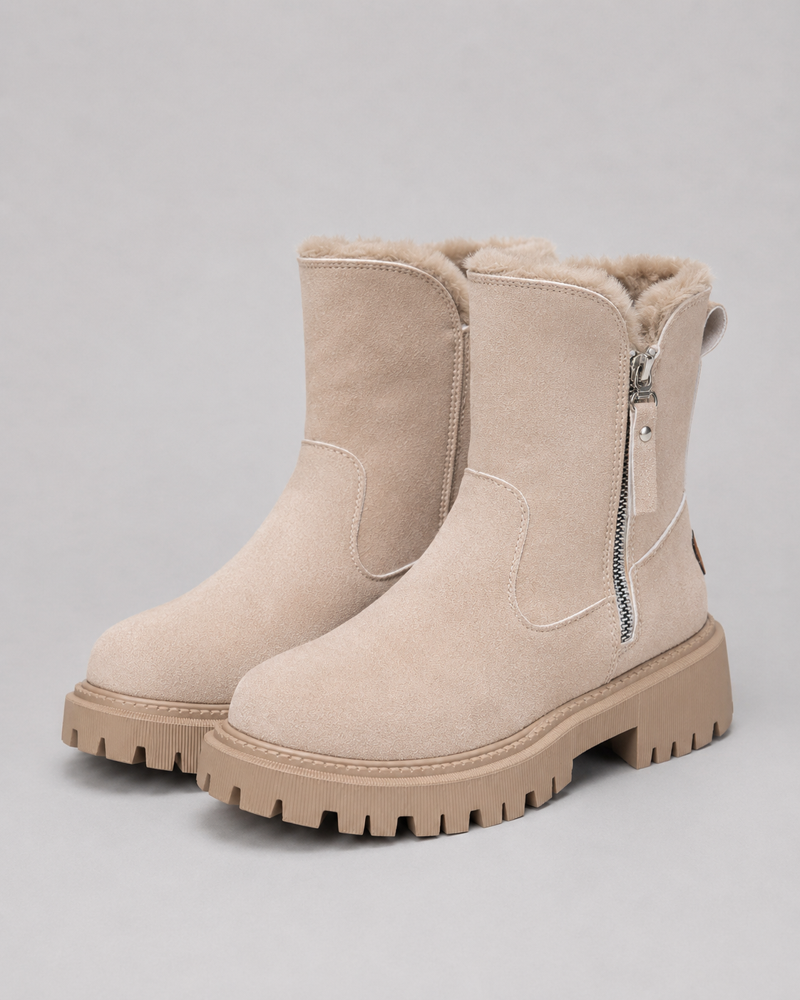 Women's Faux Fur Lined Ankle Boots with Side Zip and Lug Sole
