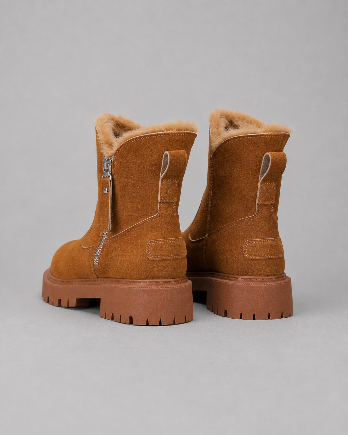 Women's Faux Fur Lined Ankle Boots with Side Zip and Lug Sole