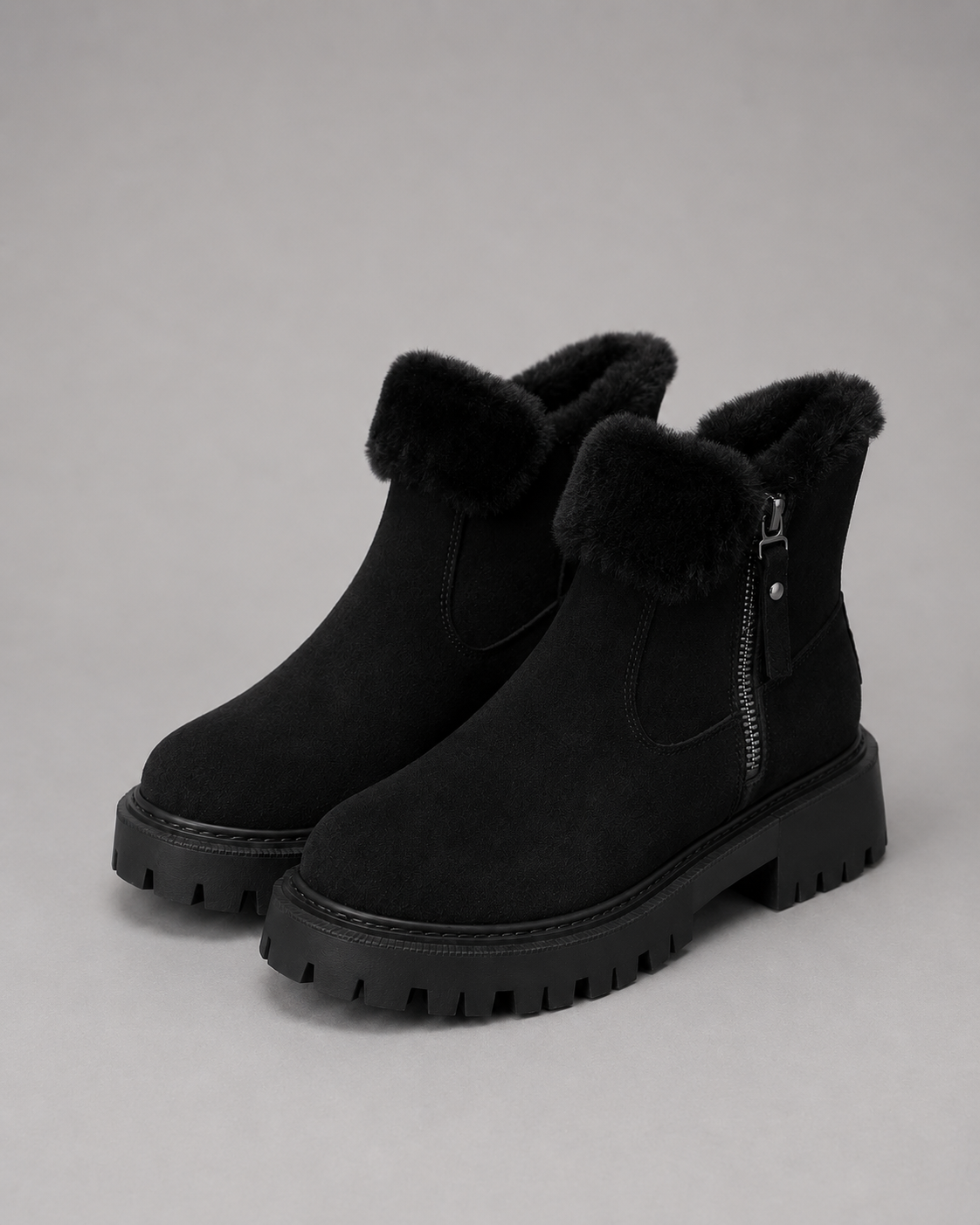 Women's Faux Fur Lined Ankle Boots with Side Zip and Lug Sole