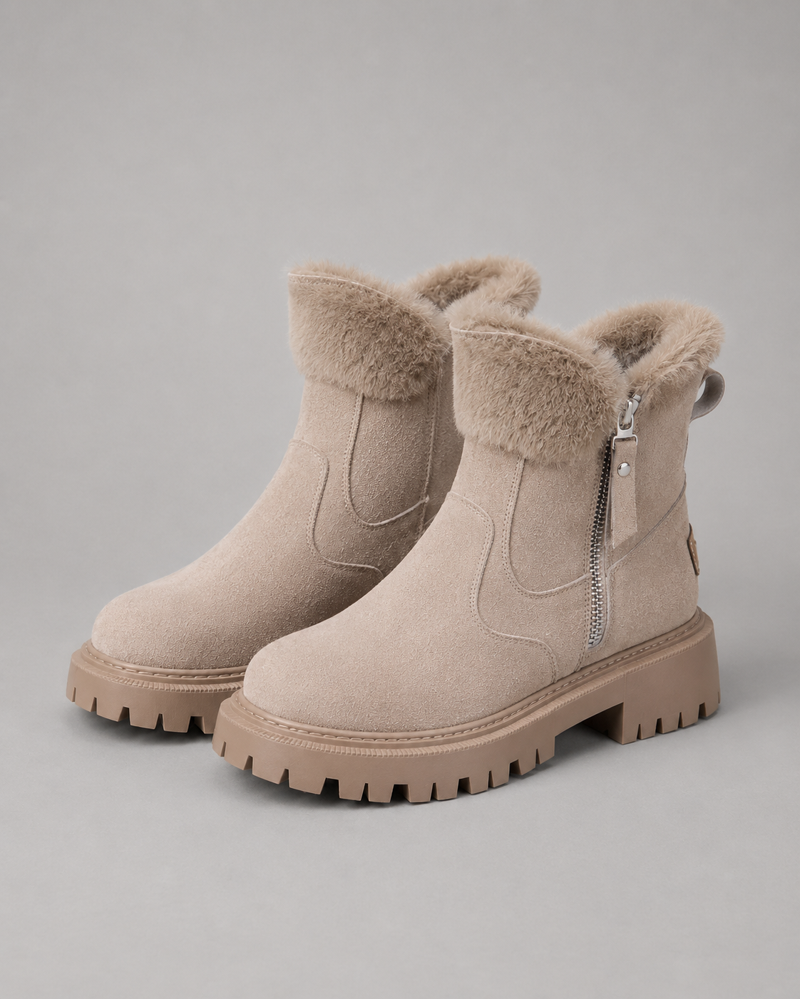 Women's Faux Fur Lined Ankle Boots with Side Zip and Lug Sole