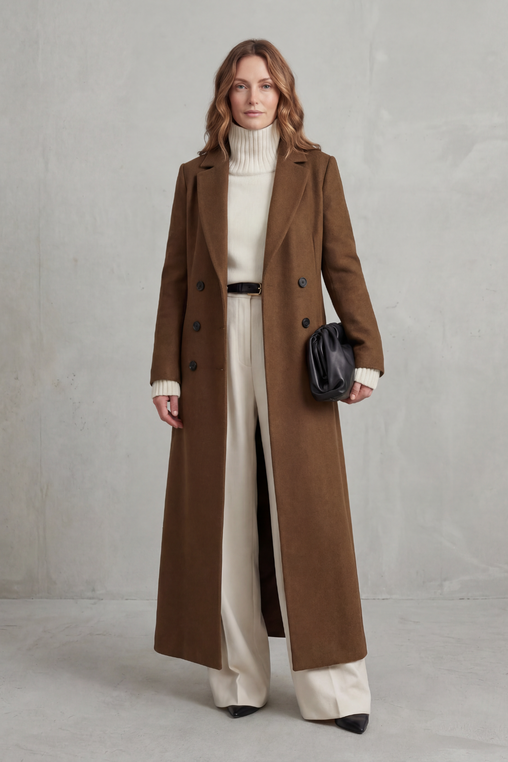Women's Long Coat with Double Breasted Front and Lapel Collar