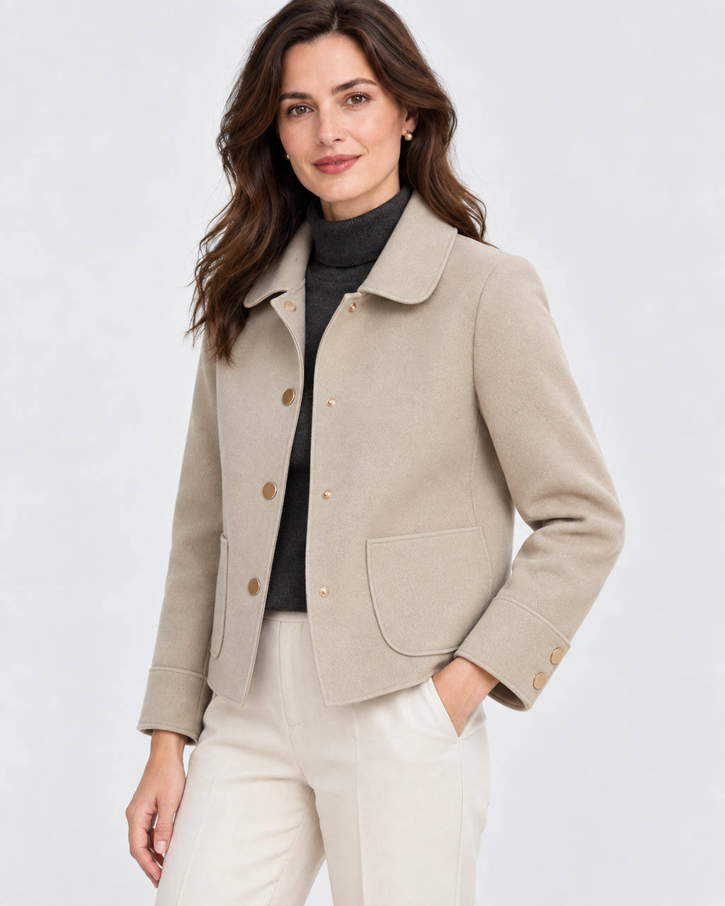Women's Wool Blend Jacket with Collar and Button Front