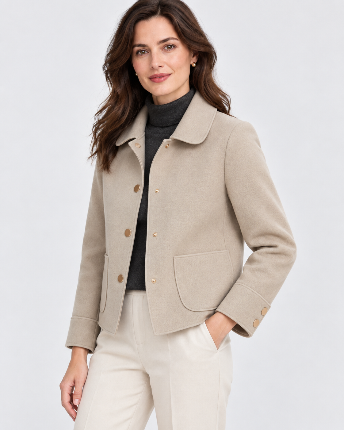 Women's Wool Blend Jacket with Collar and Button Front