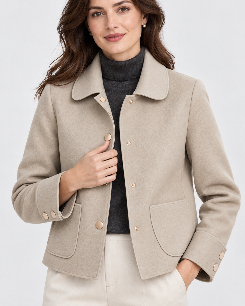 Women's Wool Blend Jacket with Collar and Button Front