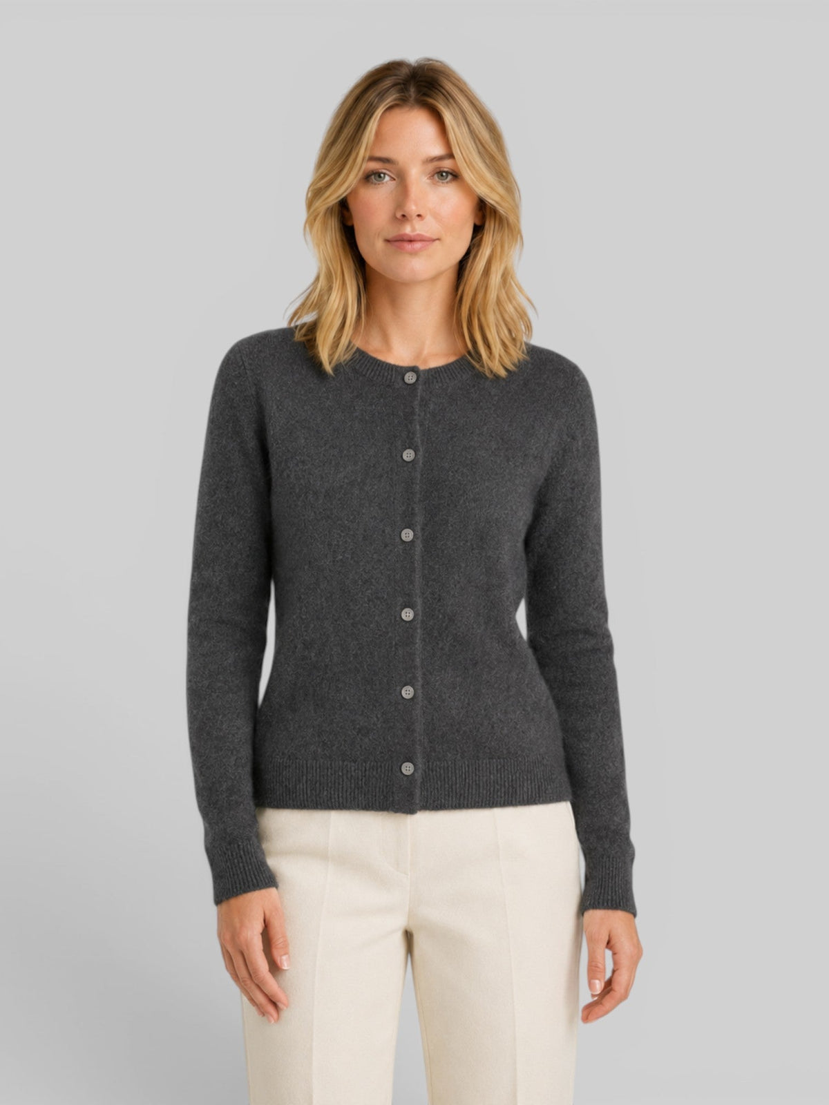 Women's Soft Knit Cardigan with Round Neck and Button Front