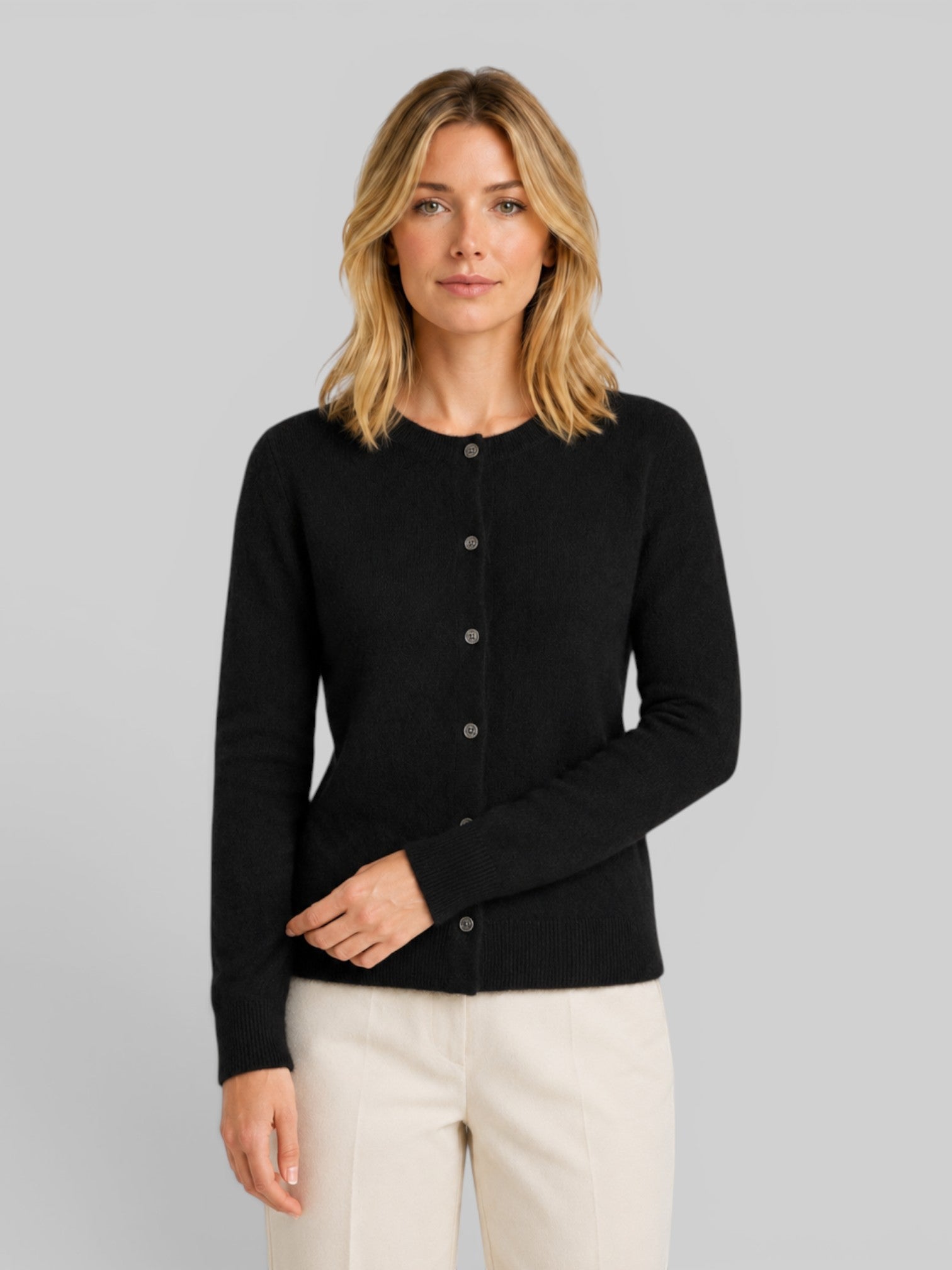 Women's Soft Knit Cardigan with Round Neck and Button Front