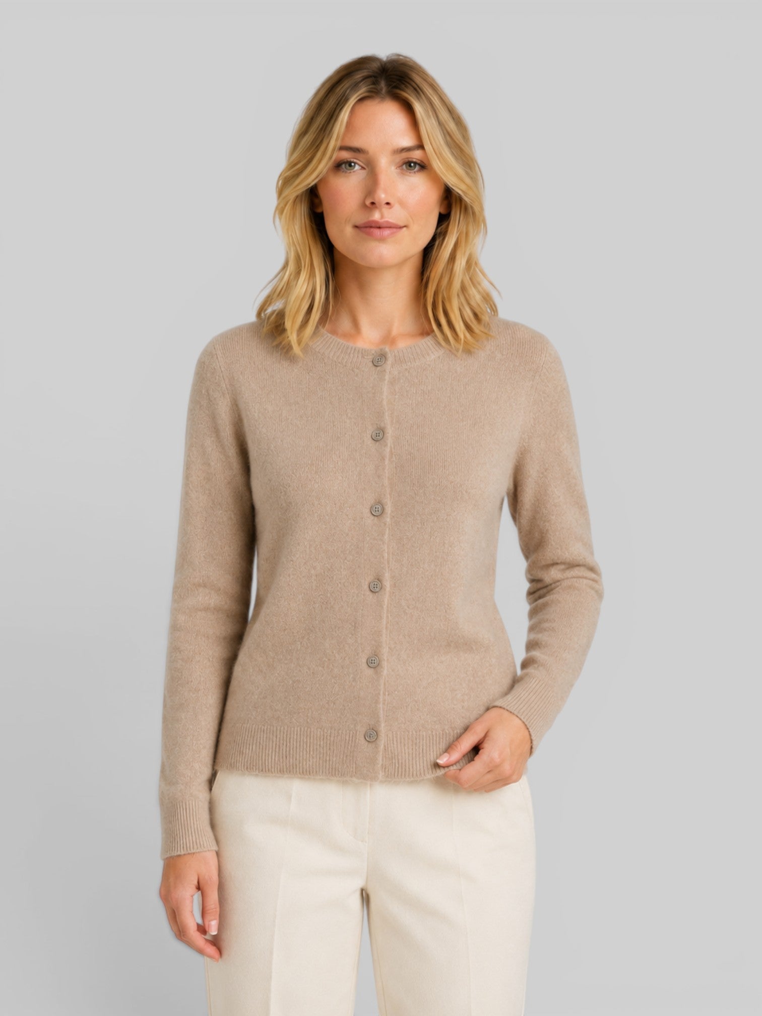 Women's Soft Knit Cardigan with Round Neck and Button Front