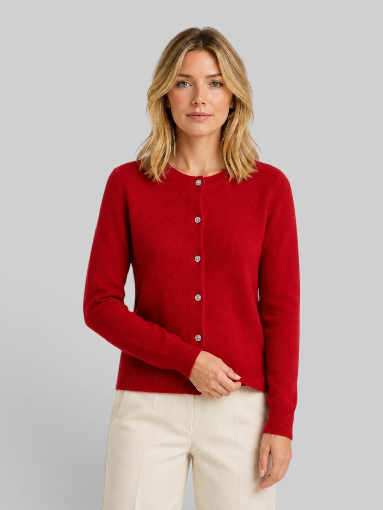 Women's Soft Knit Cardigan with Round Neck and Button Front