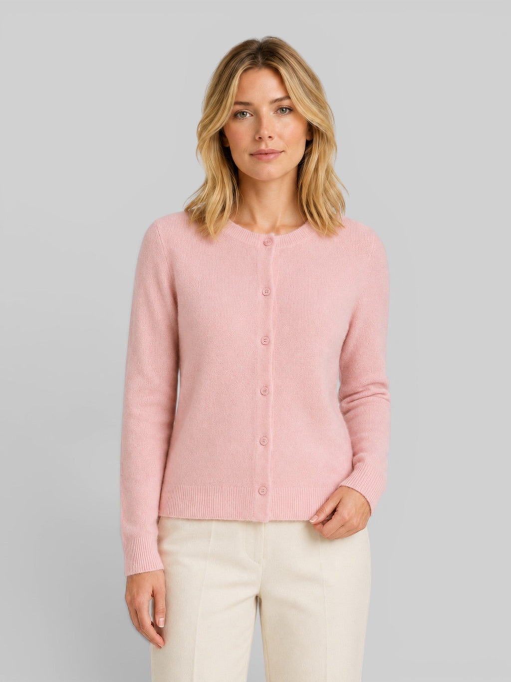 Women's Soft Knit Cardigan with Round Neck and Button Front