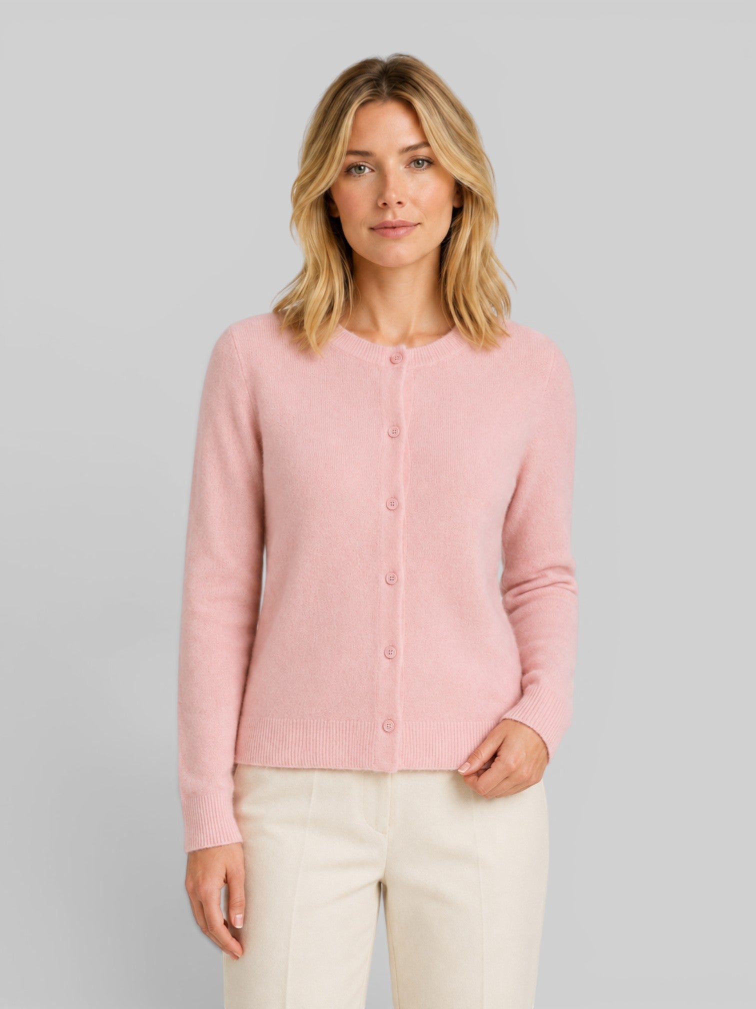 Women's Soft Knit Cardigan with Round Neck and Button Front